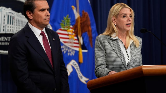 Attorney General Pam Bondi speaks as Deputy Attorney General Todd Blanche listens during a news conference about Kilmar Abrego Garcia at the Justice Department, on Friday June 6, 2025, in Washington. 