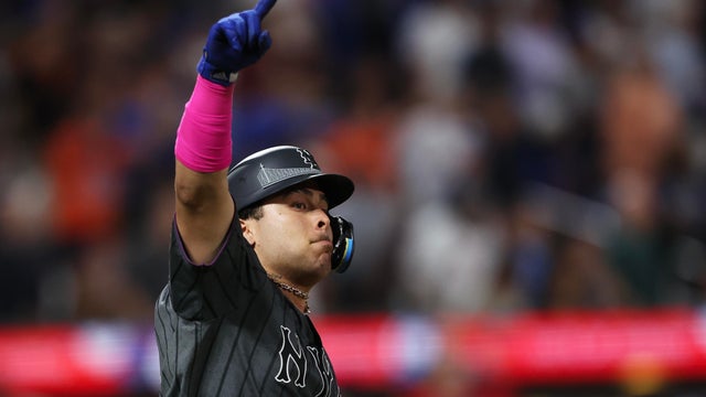Francisco Alvarez #4 of the New York Mets gestures after he hits a home run in the fifth inning of a game against the Los Angeles Angels at Citi Field on July 22, 2025 in New York City. 