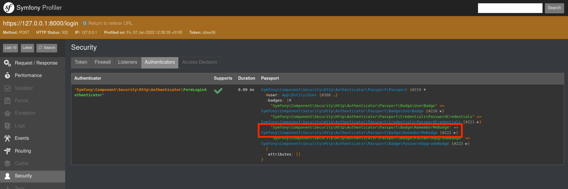 The Security page of the Symfony profiler, with the "Authenticators" tab showing the remember me badge in the passport object.