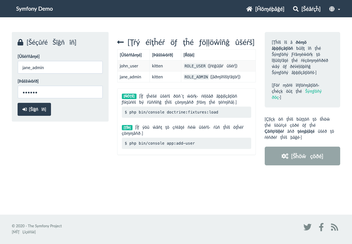 The Symfony demo login page with pseudolocalization.